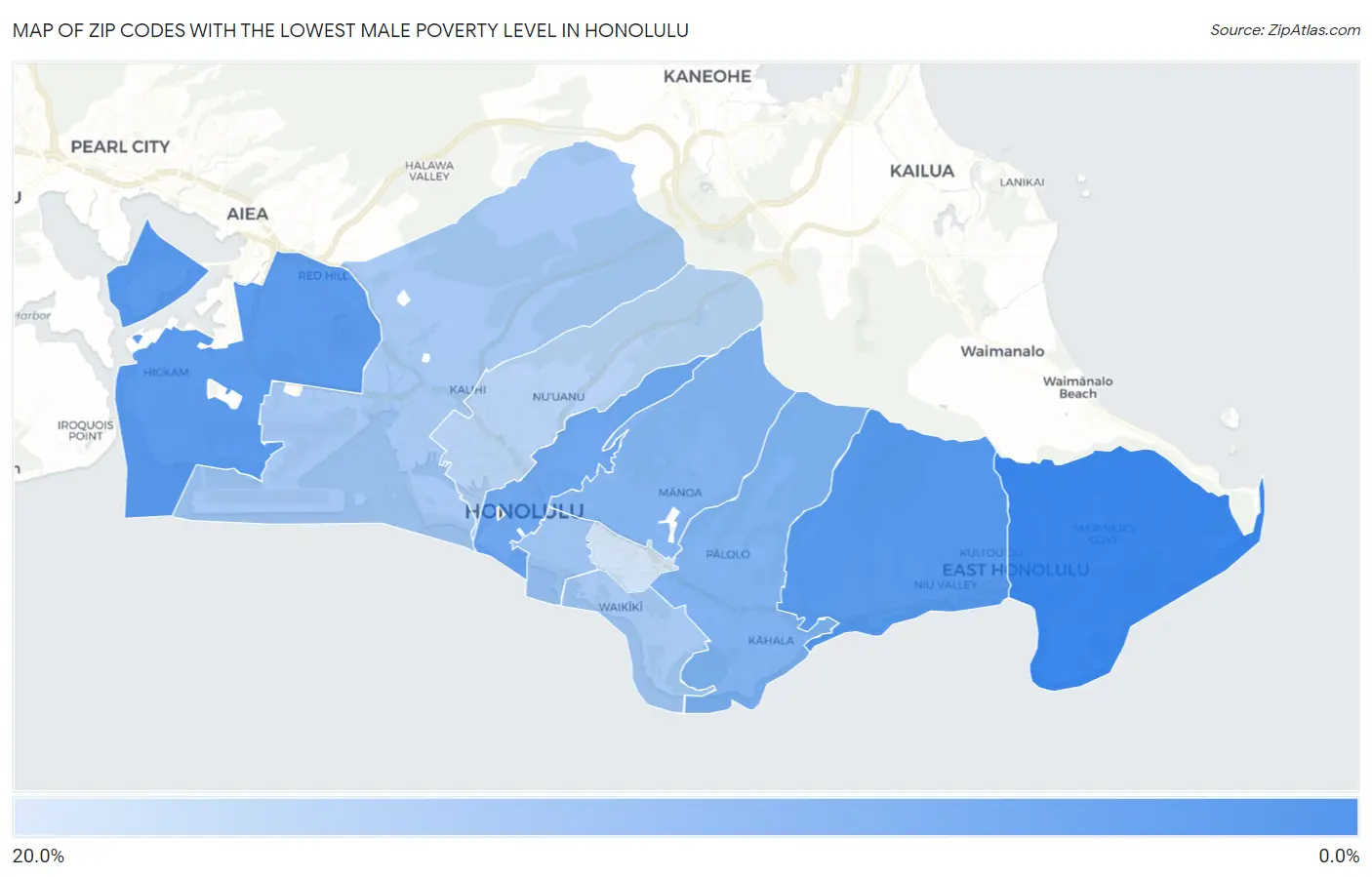 Zip Codes with the Lowest Male Poverty Level in Honolulu Map