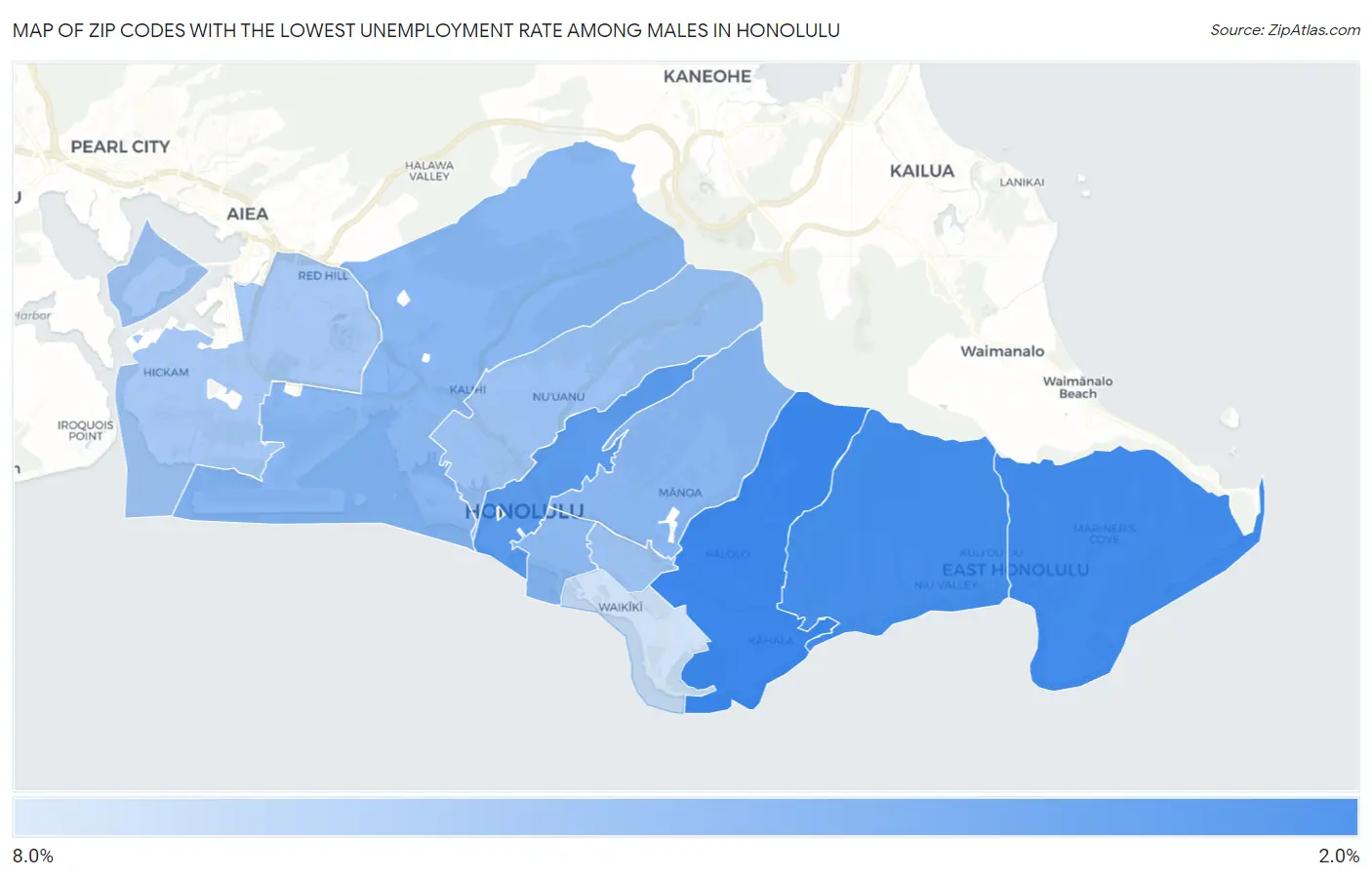 Zip Codes with the Lowest Unemployment Rate Among Males in Honolulu Map