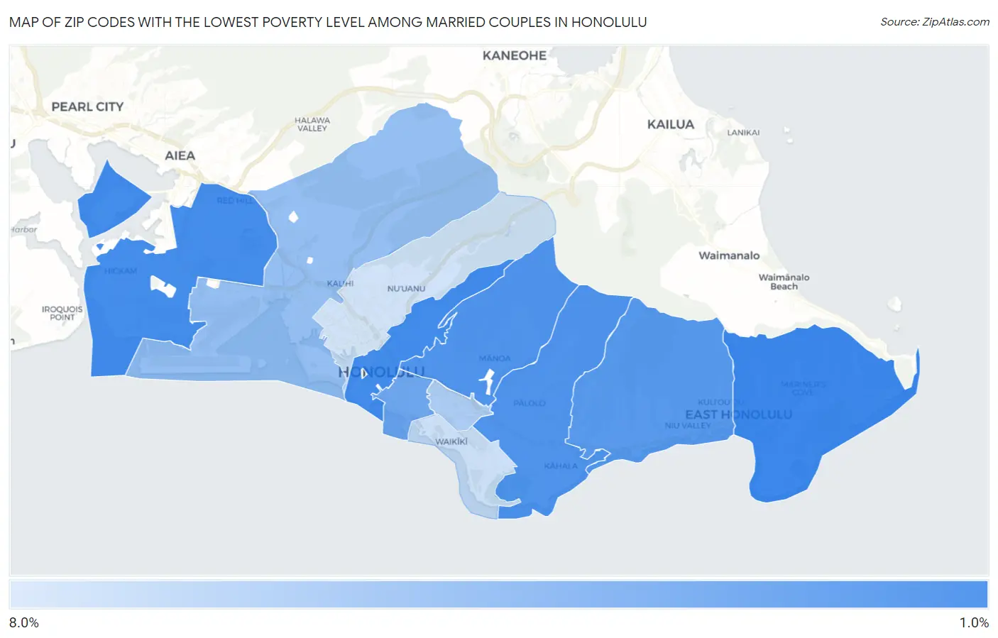 Zip Codes with the Lowest Poverty Level Among Married Couples in Honolulu Map