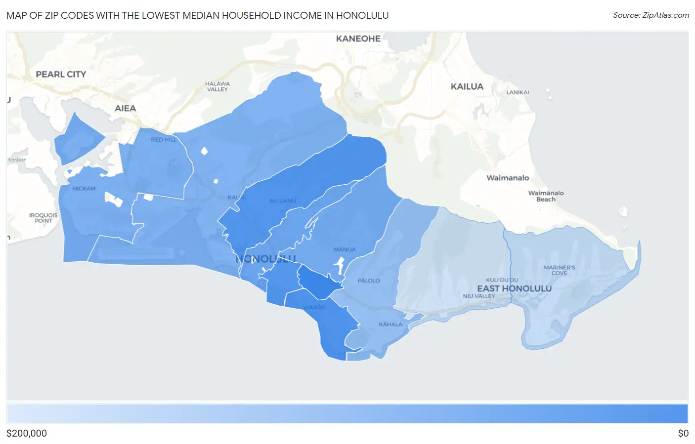Zip Codes with the Lowest Median Household Income in Honolulu Map