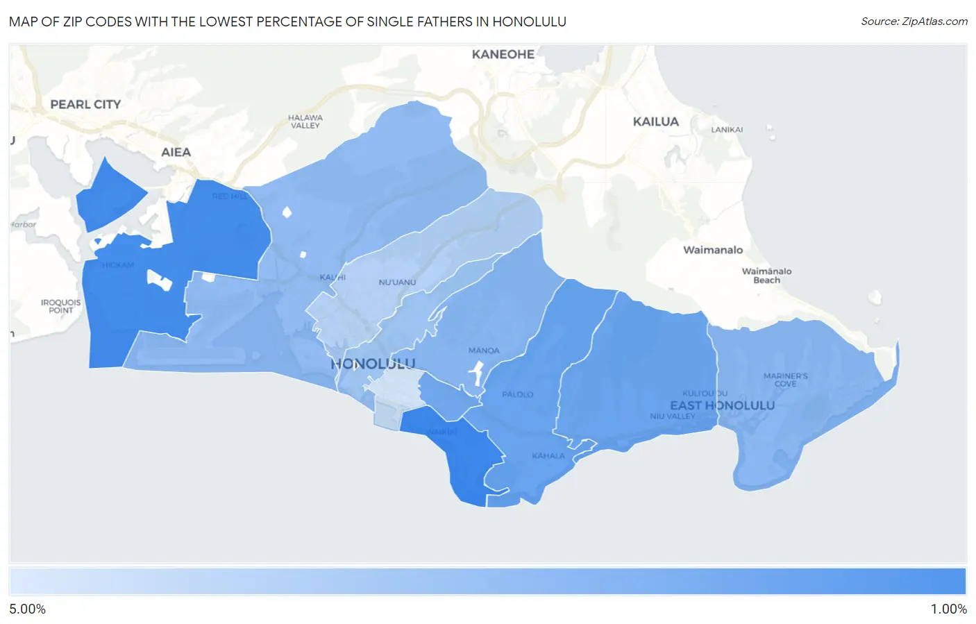 Zip Codes with the Lowest Percentage of Single Fathers in Honolulu Map