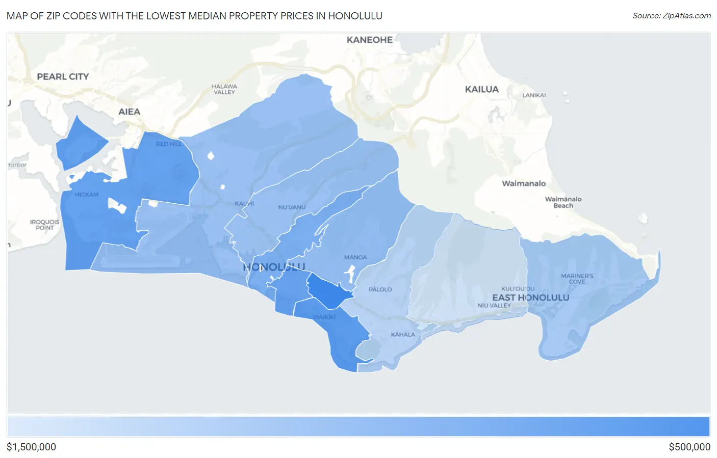 Zip Codes with the Lowest Median Property Prices in Honolulu Map