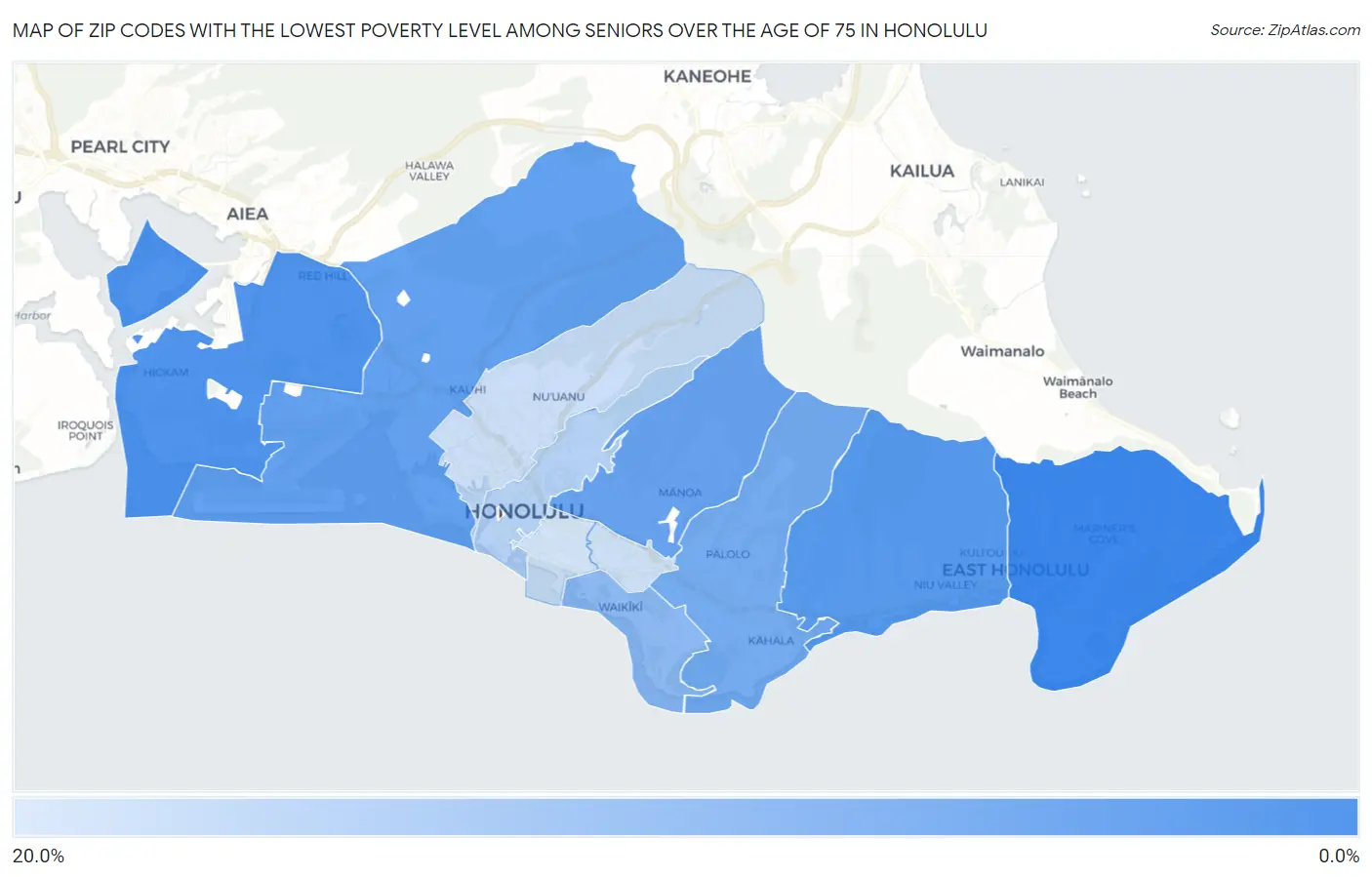 Zip Codes with the Lowest Poverty Level Among Seniors Over the Age of 75 in Honolulu Map