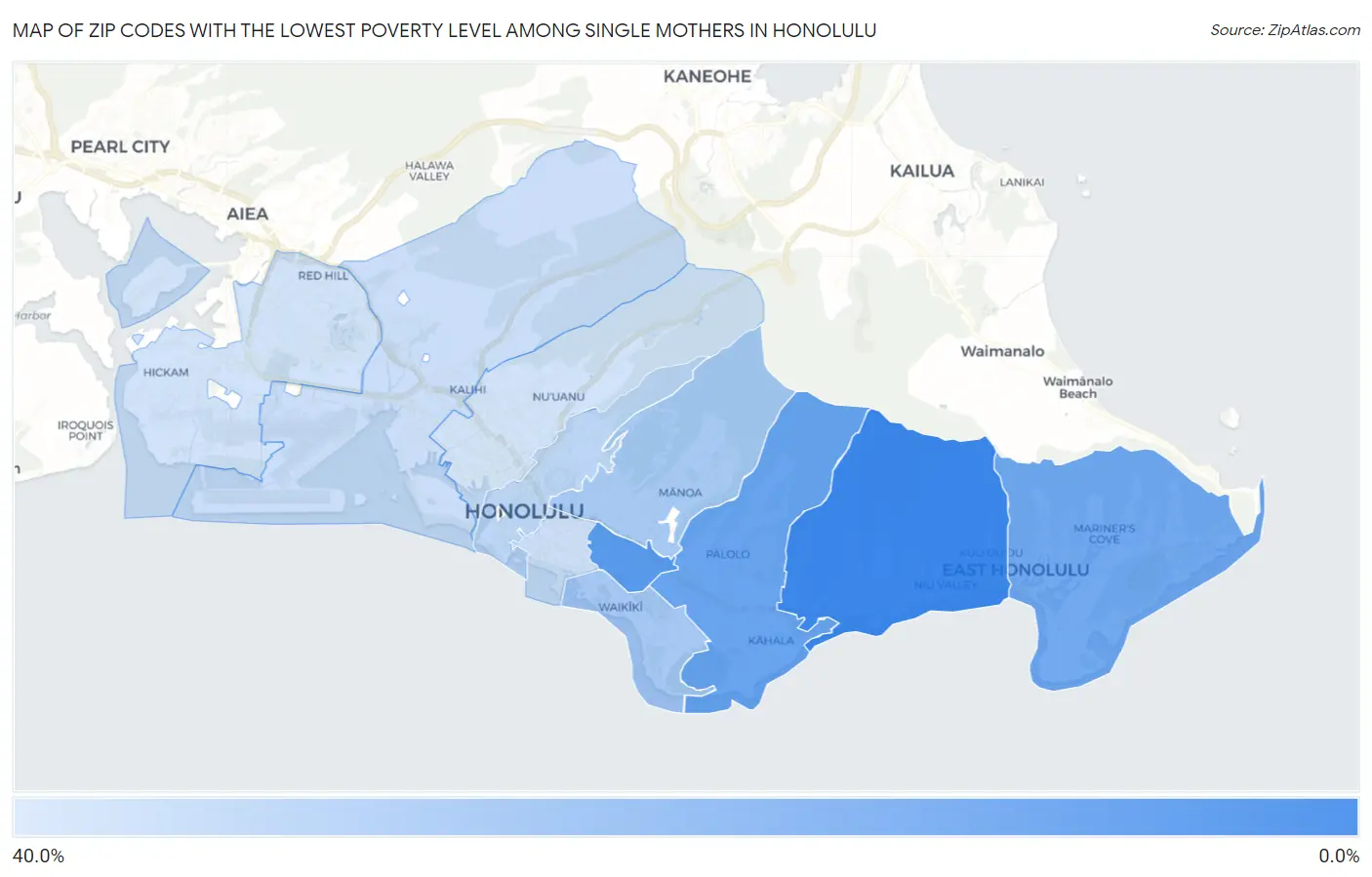 Zip Codes with the Lowest Poverty Level Among Single Mothers in Honolulu Map
