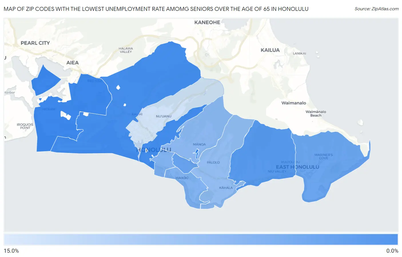 Zip Codes with the Lowest Unemployment Rate Amomg Seniors Over the Age of 65 in Honolulu Map