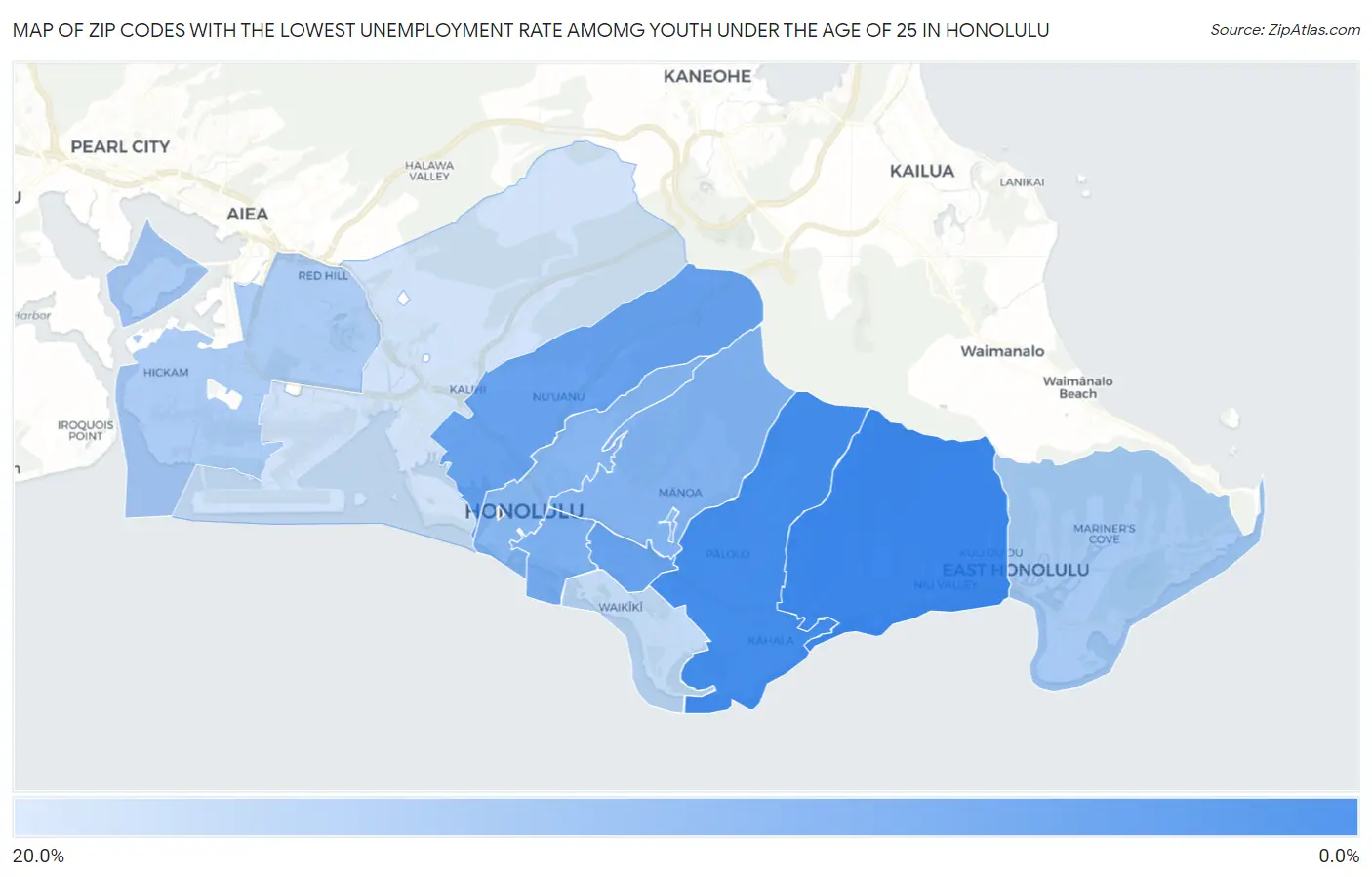Zip Codes with the Lowest Unemployment Rate Amomg Youth Under the Age of 25 in Honolulu Map