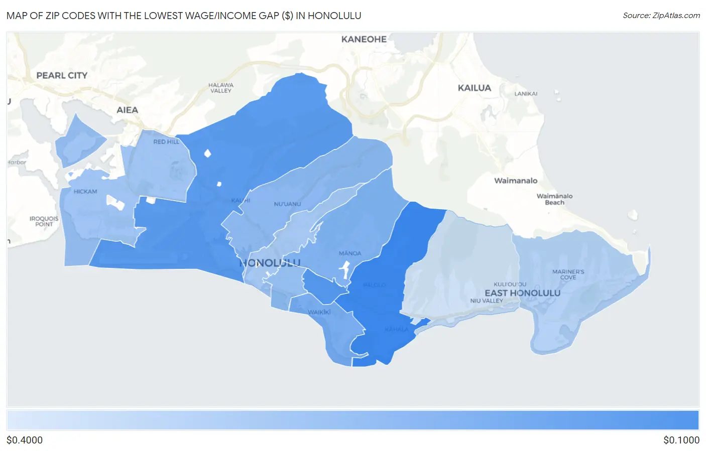 Zip Codes with the Lowest Wage/Income Gap ($) in Honolulu Map