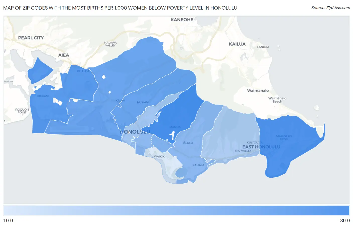 Zip Codes with the Most Births per 1,000 Women Below Poverty Level in Honolulu Map
