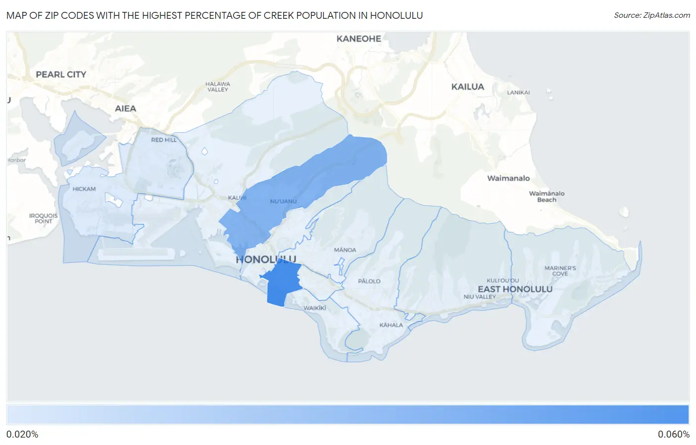 Zip Codes with the Highest Percentage of Creek Population in Honolulu Map