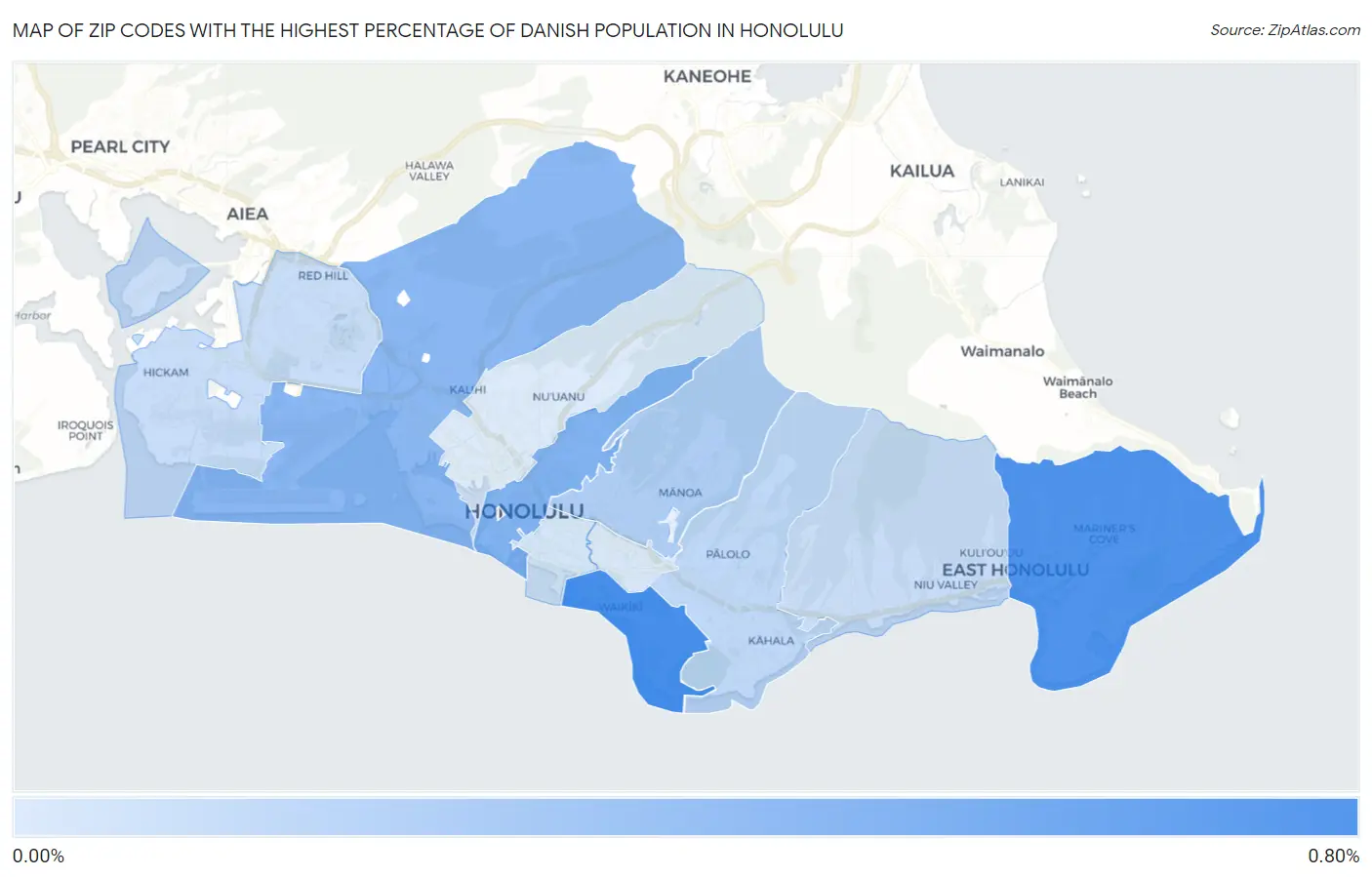 Zip Codes with the Highest Percentage of Danish Population in Honolulu Map