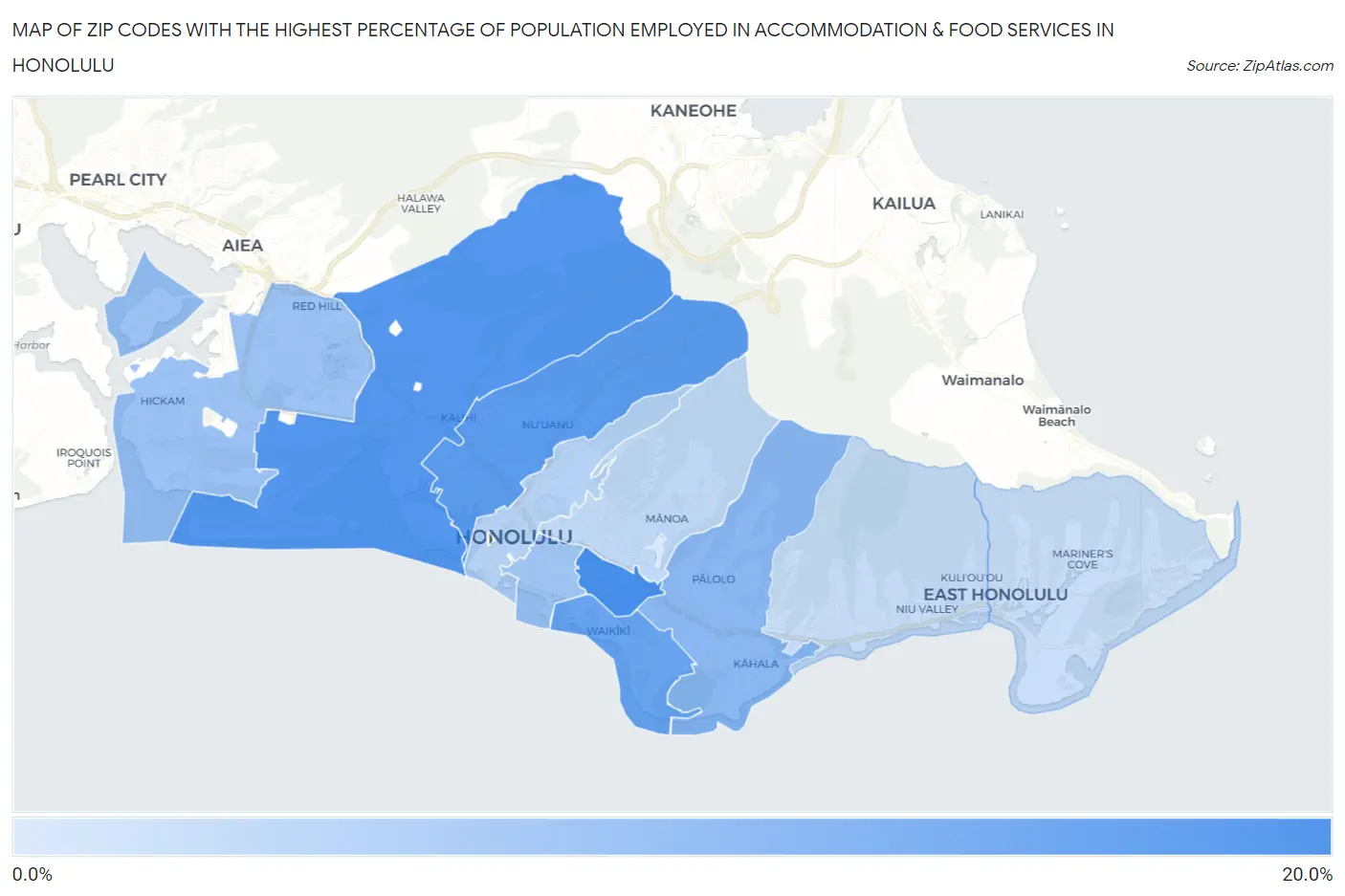 Zip Codes with the Highest Percentage of Population Employed in Accommodation & Food Services in Honolulu Map