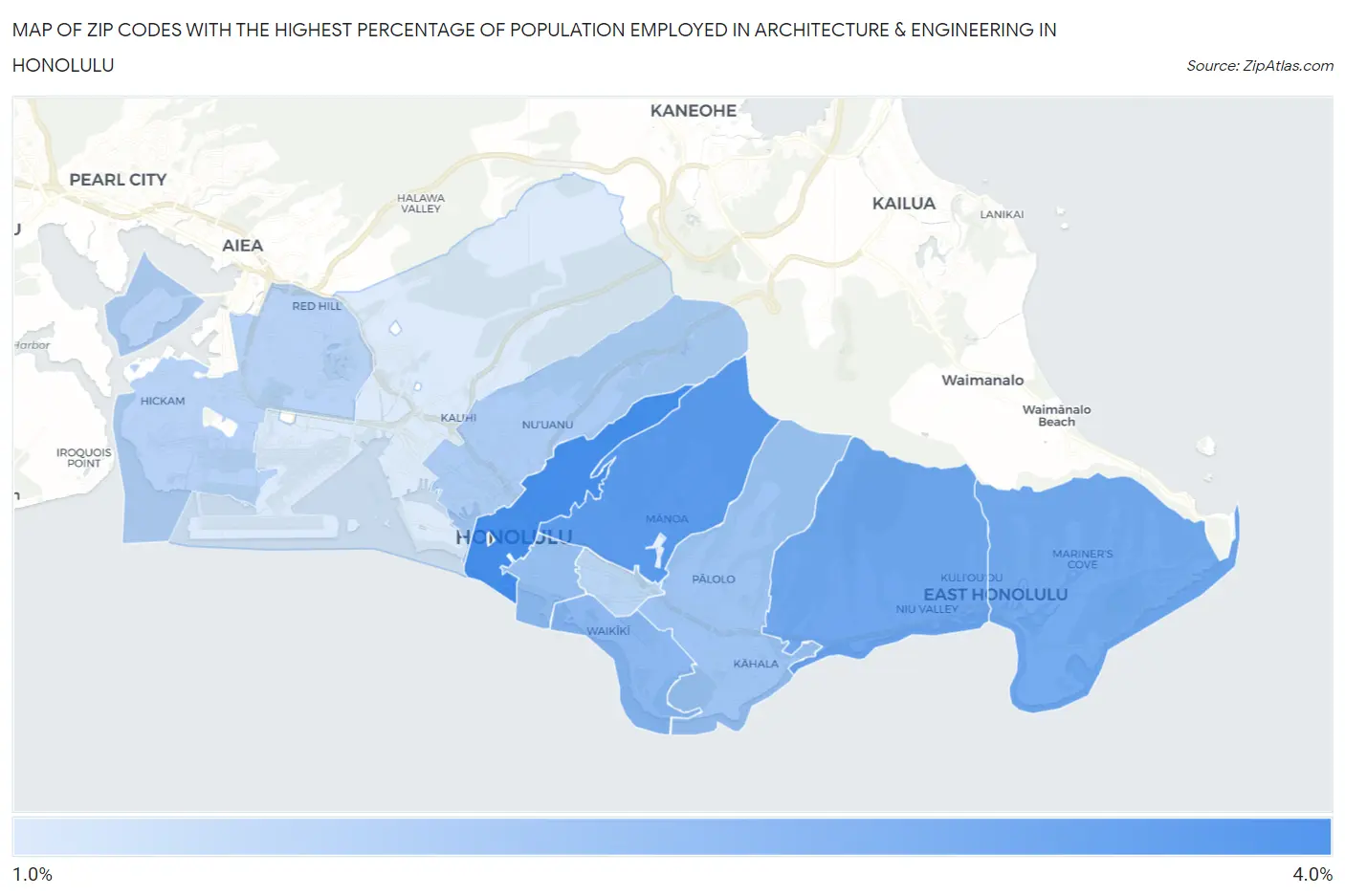 Zip Codes with the Highest Percentage of Population Employed in Architecture & Engineering in Honolulu Map