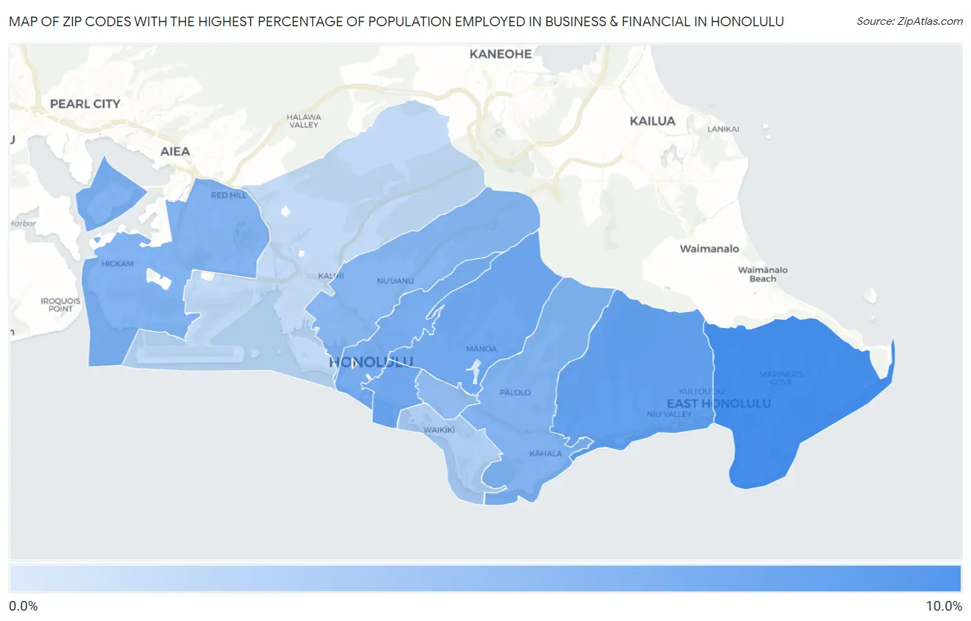 Zip Codes with the Highest Percentage of Population Employed in Business & Financial in Honolulu Map