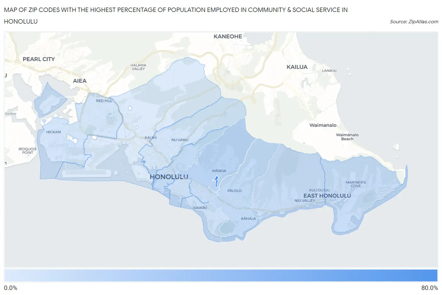 Zip Codes with the Highest Percentage of Population Employed in Community & Social Service  in Honolulu Map