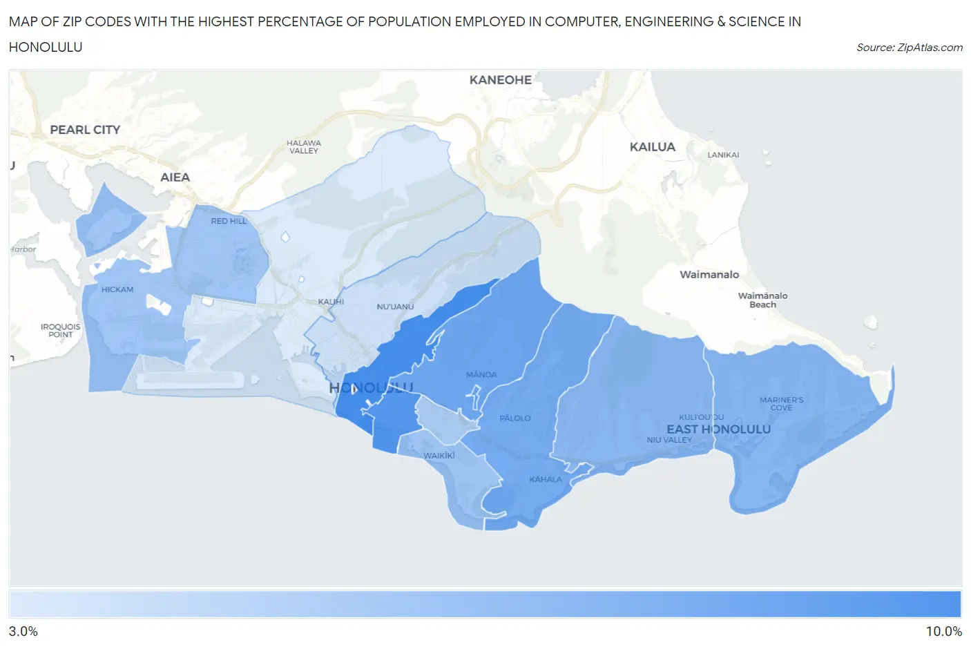 Zip Codes with the Highest Percentage of Population Employed in Computer, Engineering & Science in Honolulu Map