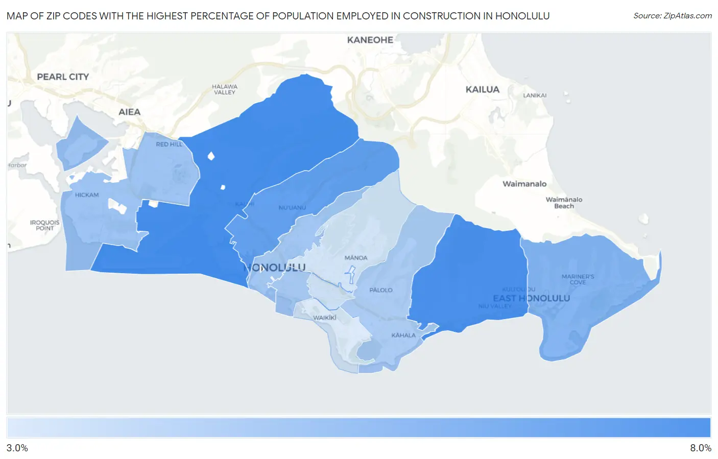 Zip Codes with the Highest Percentage of Population Employed in Construction in Honolulu Map