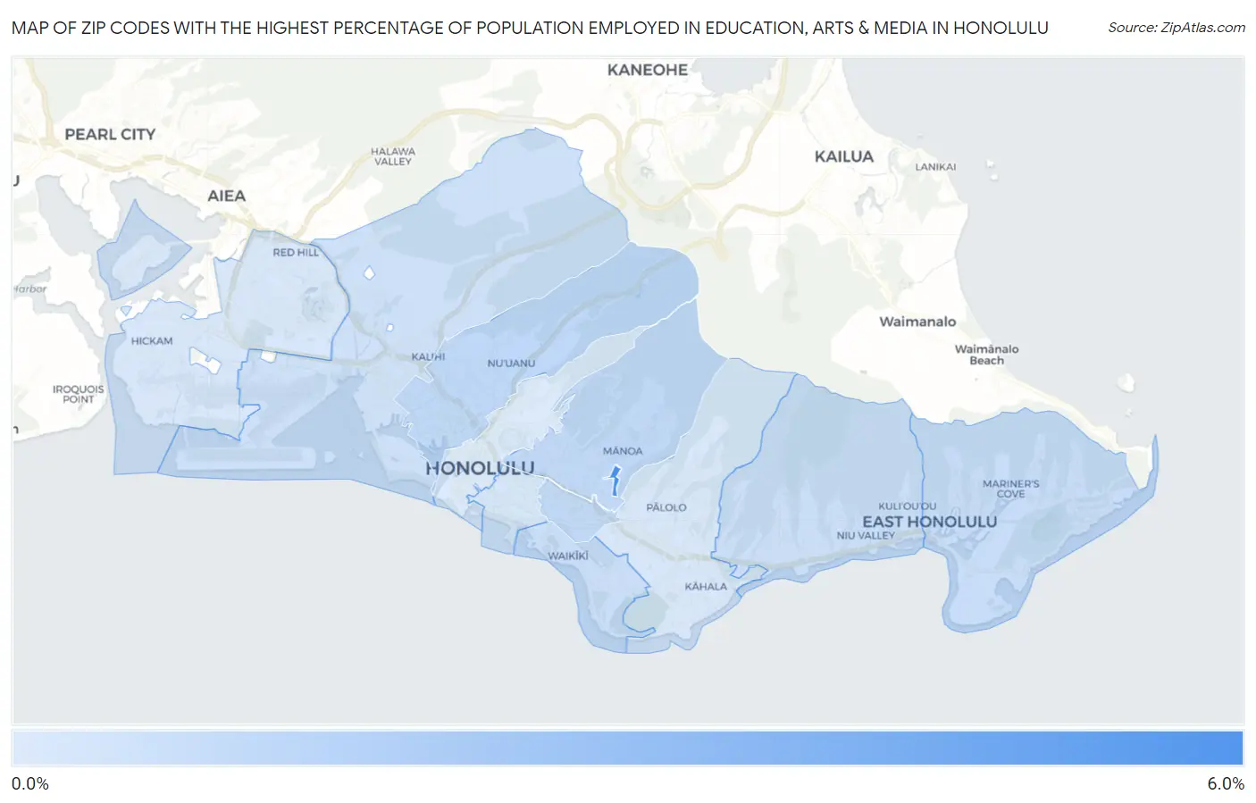 Zip Codes with the Highest Percentage of Population Employed in Education, Arts & Media in Honolulu Map