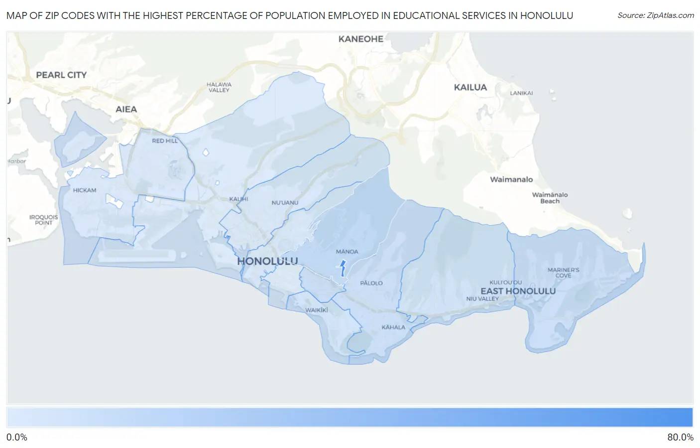Zip Codes with the Highest Percentage of Population Employed in Educational Services in Honolulu Map