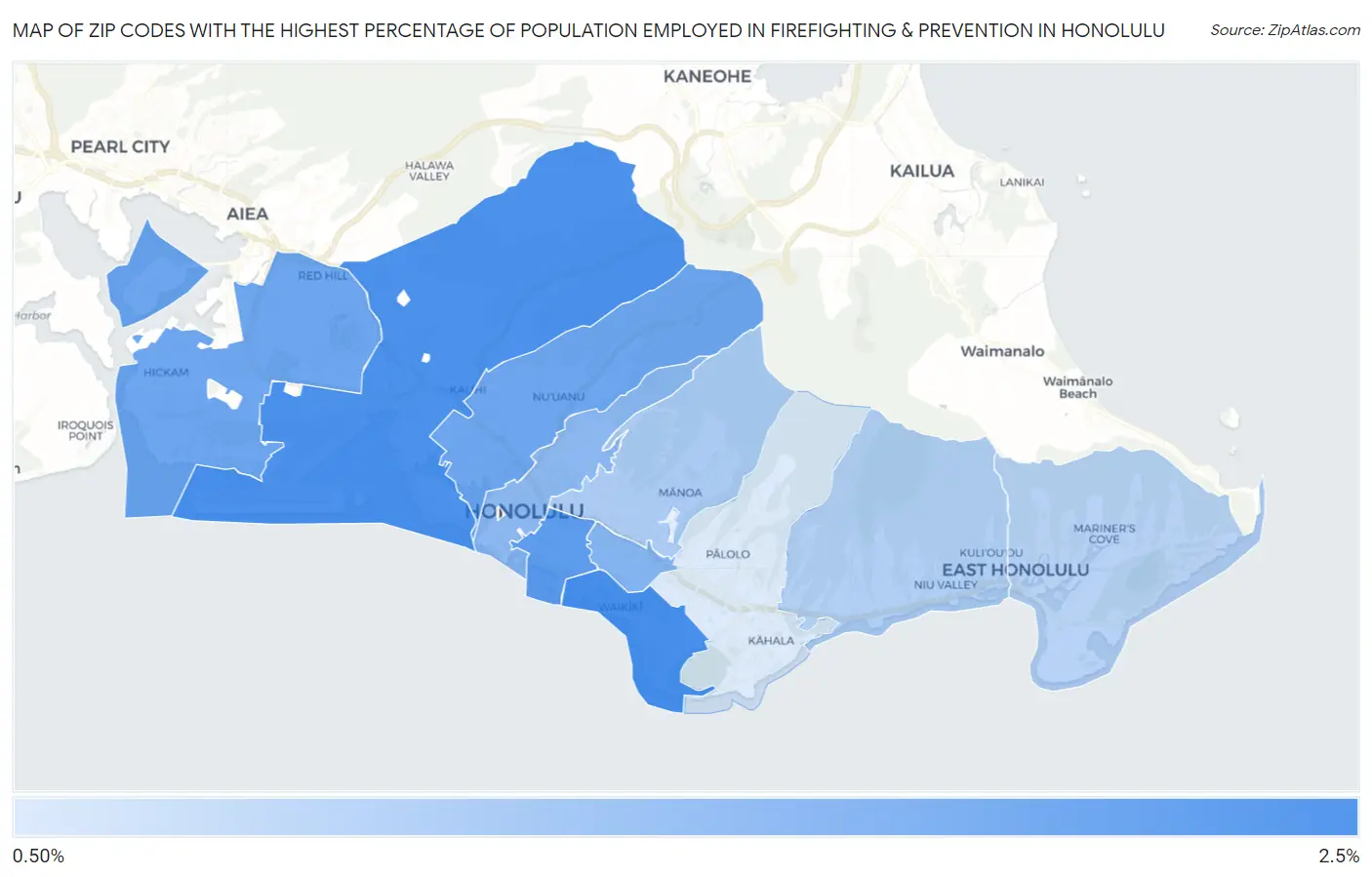 Zip Codes with the Highest Percentage of Population Employed in Firefighting & Prevention in Honolulu Map