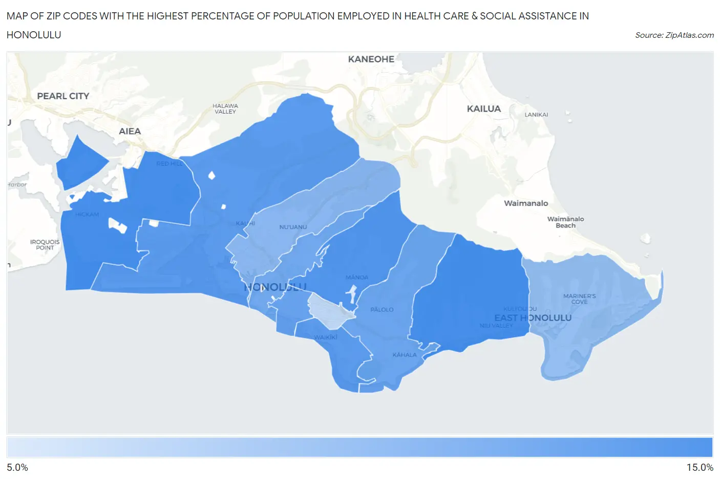 Zip Codes with the Highest Percentage of Population Employed in Health Care & Social Assistance in Honolulu Map
