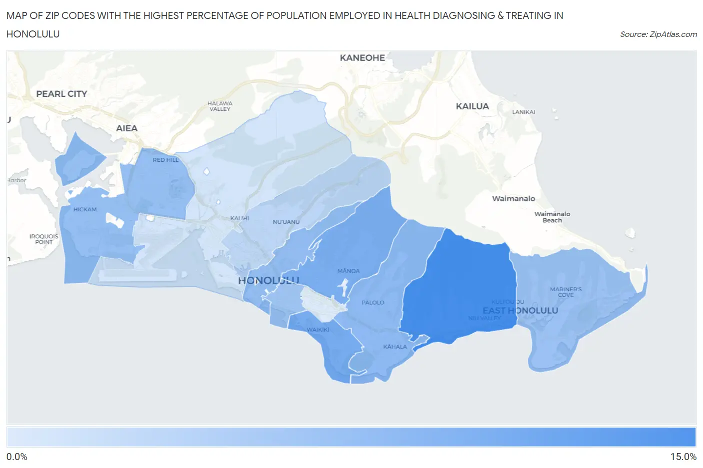 Zip Codes with the Highest Percentage of Population Employed in Health Diagnosing & Treating in Honolulu Map