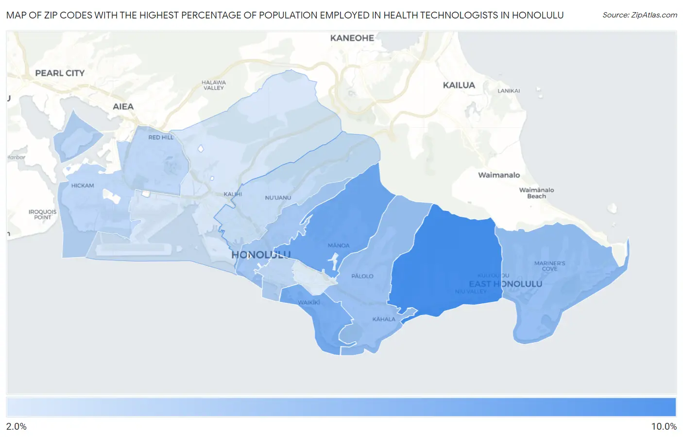 Zip Codes with the Highest Percentage of Population Employed in Health Technologists in Honolulu Map