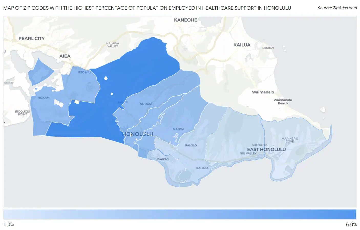 Zip Codes with the Highest Percentage of Population Employed in Healthcare Support in Honolulu Map