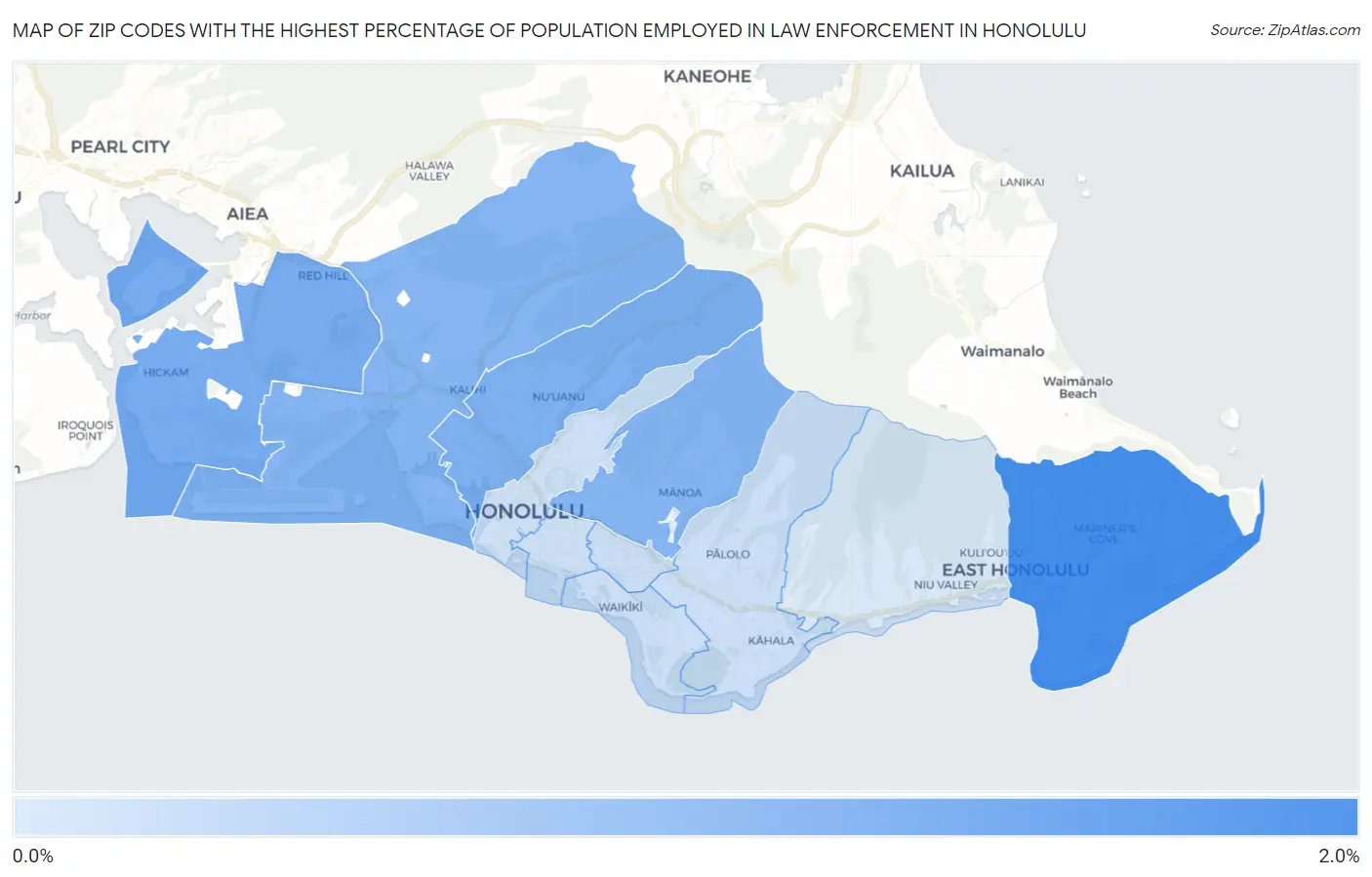 Zip Codes with the Highest Percentage of Population Employed in Law Enforcement in Honolulu Map