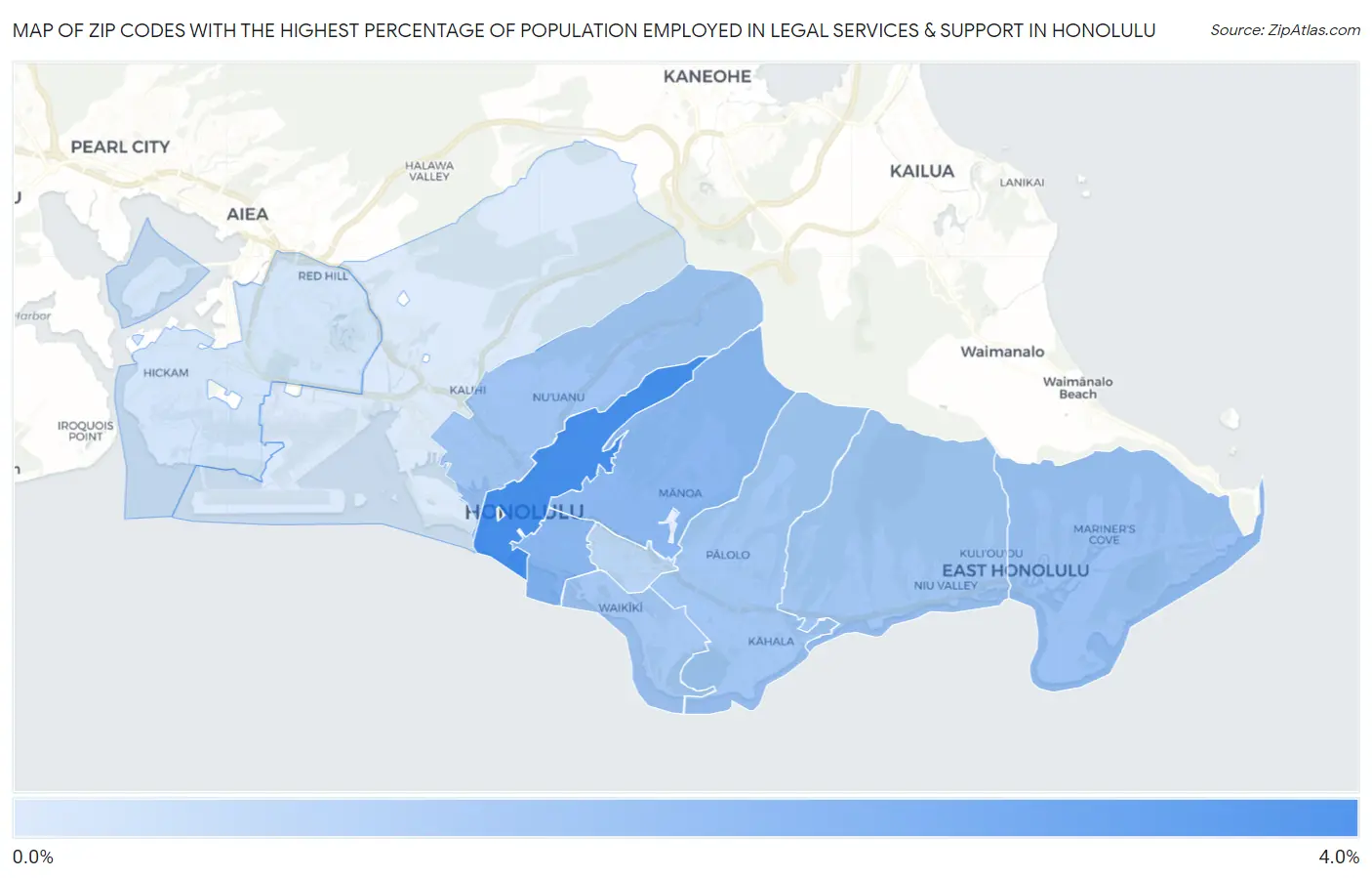 Zip Codes with the Highest Percentage of Population Employed in Legal Services & Support in Honolulu Map