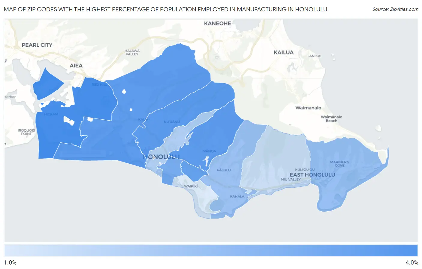 Zip Codes with the Highest Percentage of Population Employed in Manufacturing in Honolulu Map