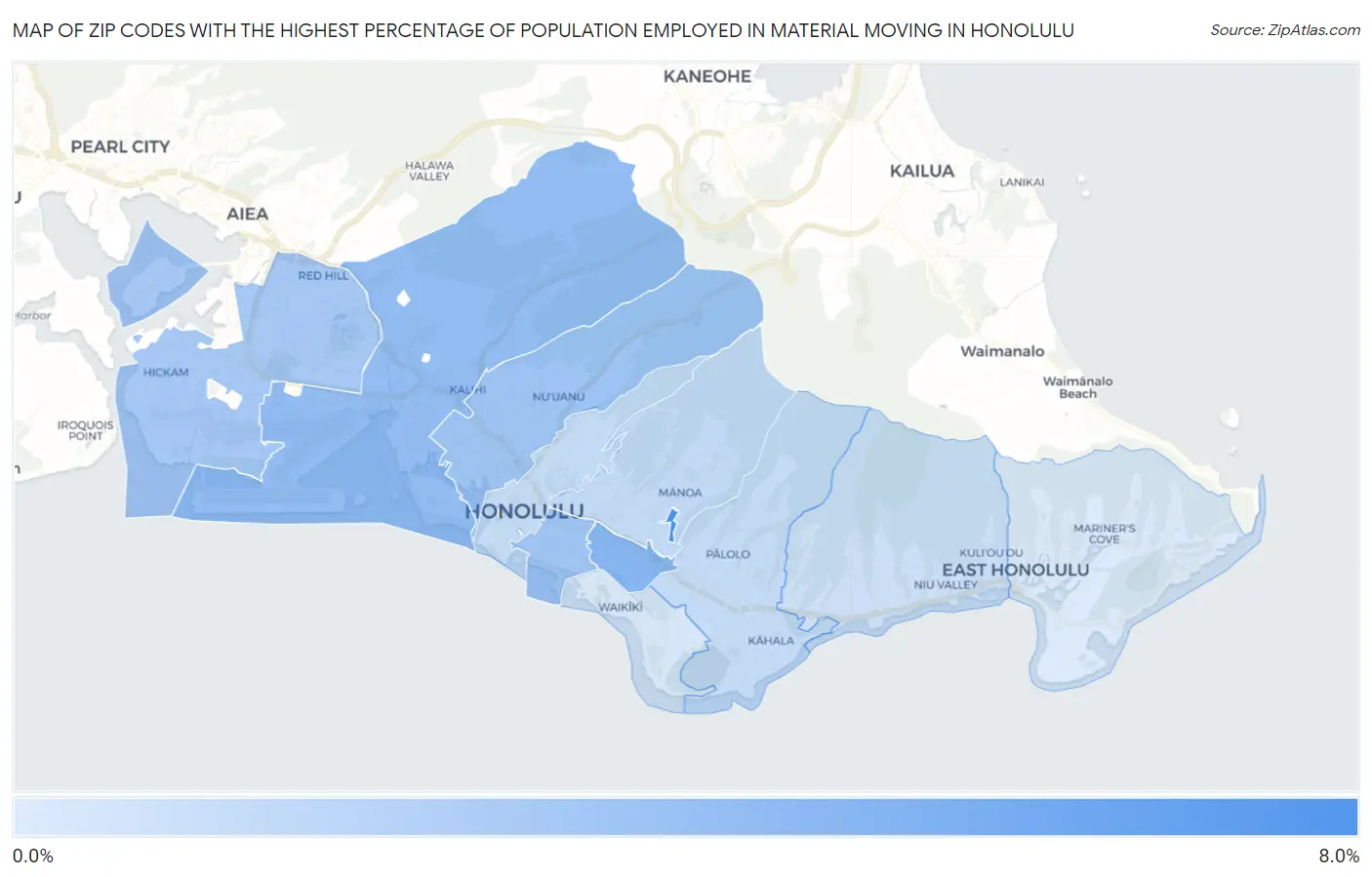Zip Codes with the Highest Percentage of Population Employed in Material Moving in Honolulu Map