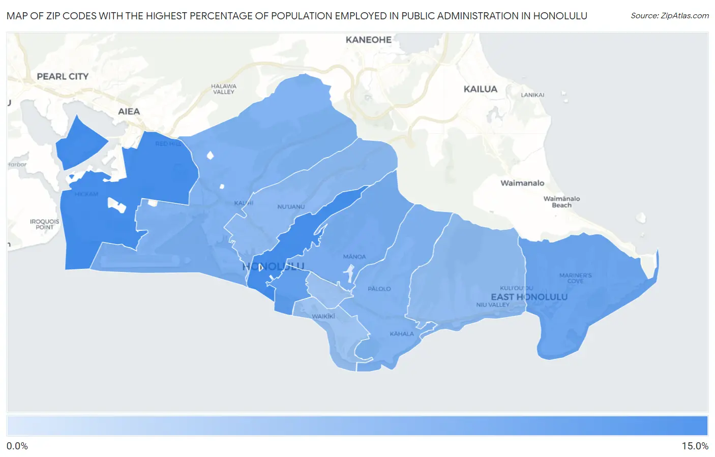 Zip Codes with the Highest Percentage of Population Employed in Public Administration in Honolulu Map