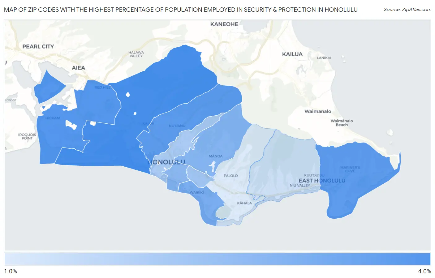 Zip Codes with the Highest Percentage of Population Employed in Security & Protection in Honolulu Map