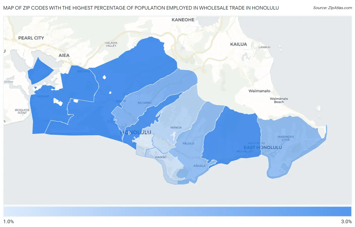 Zip Codes with the Highest Percentage of Population Employed in Wholesale Trade in Honolulu Map