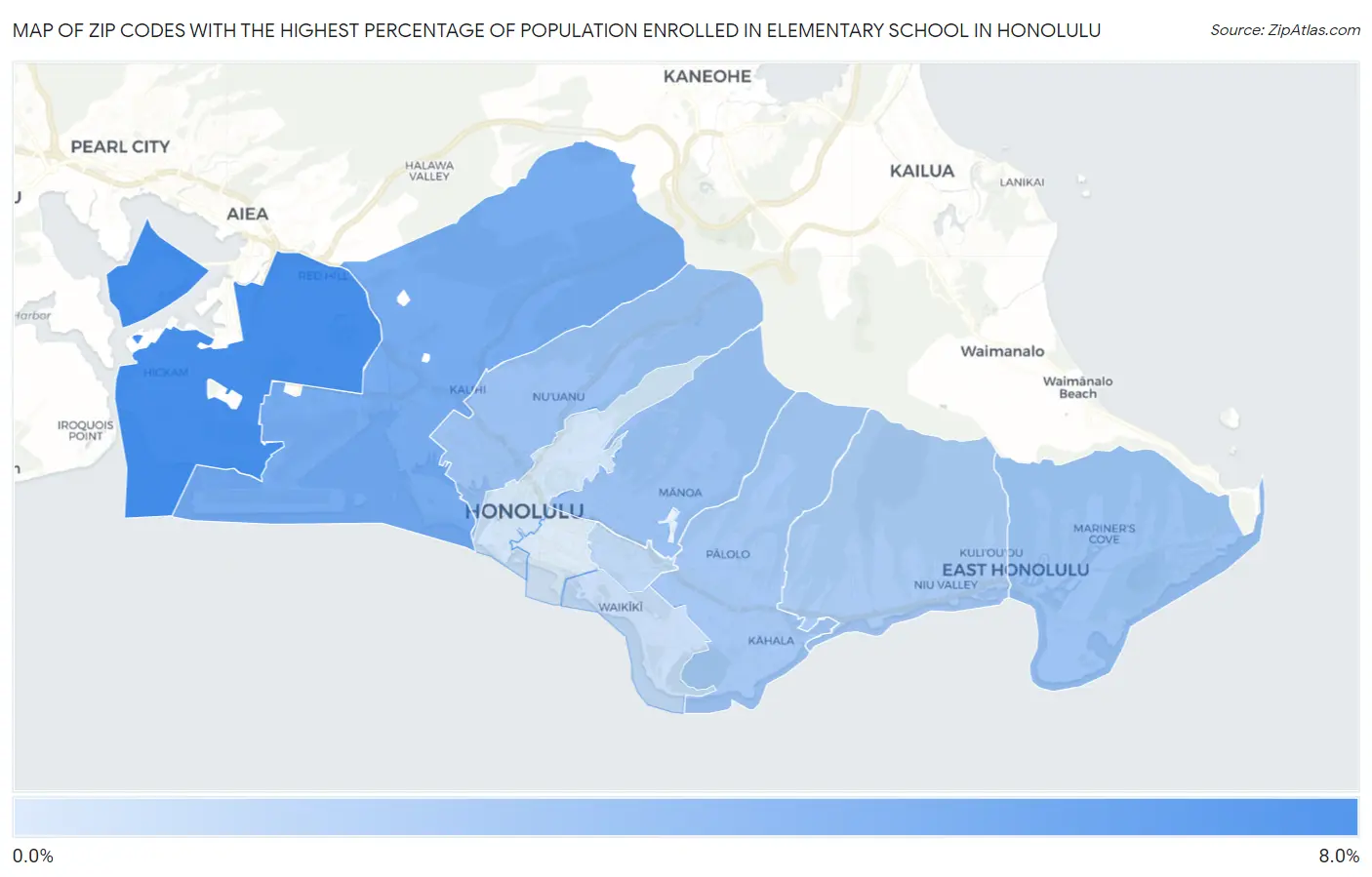 Zip Codes with the Highest Percentage of Population Enrolled in Elementary School in Honolulu Map
