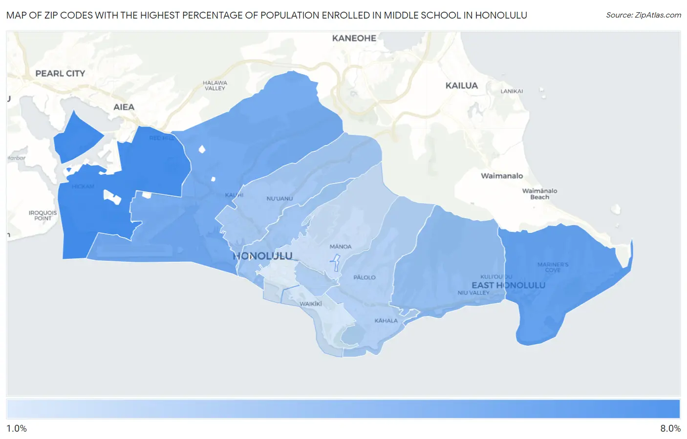 Zip Codes with the Highest Percentage of Population Enrolled in Middle School in Honolulu Map