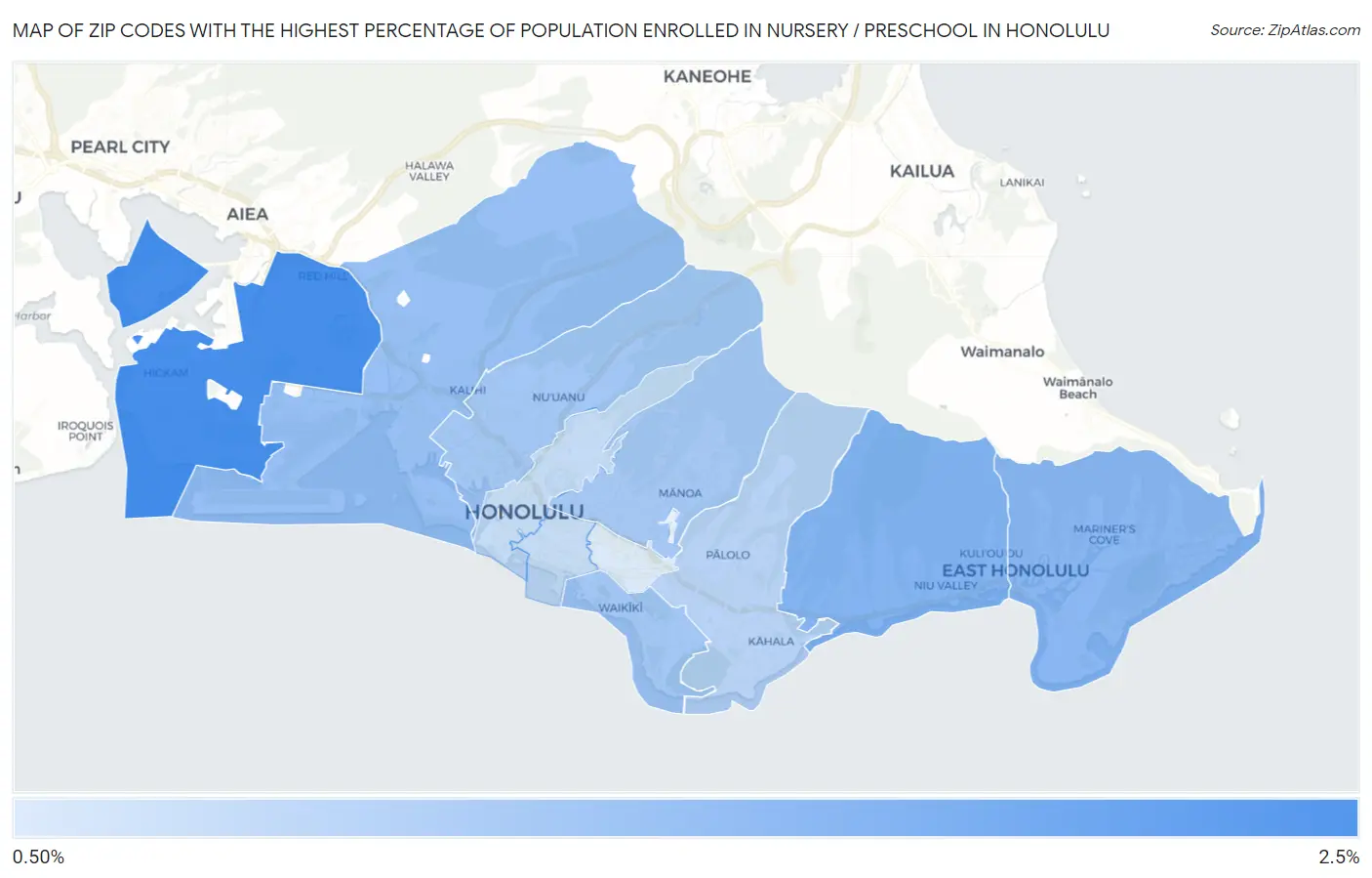 Zip Codes with the Highest Percentage of Population Enrolled in Nursery / Preschool in Honolulu Map