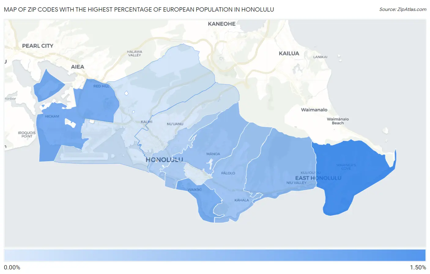 Zip Codes with the Highest Percentage of European Population in Honolulu Map