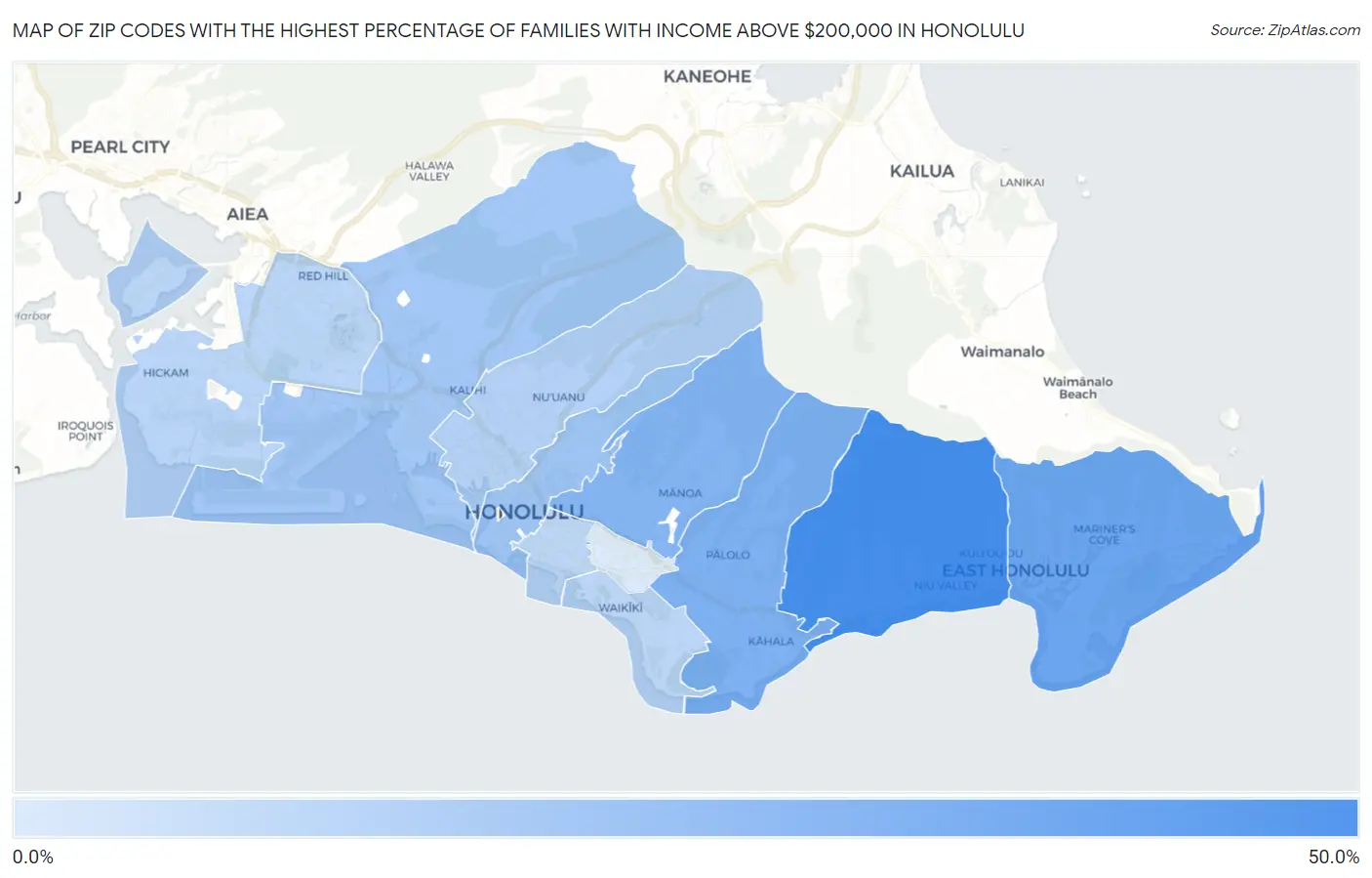 Zip Codes with the Highest Percentage of Families with Income Above $200,000 in Honolulu Map