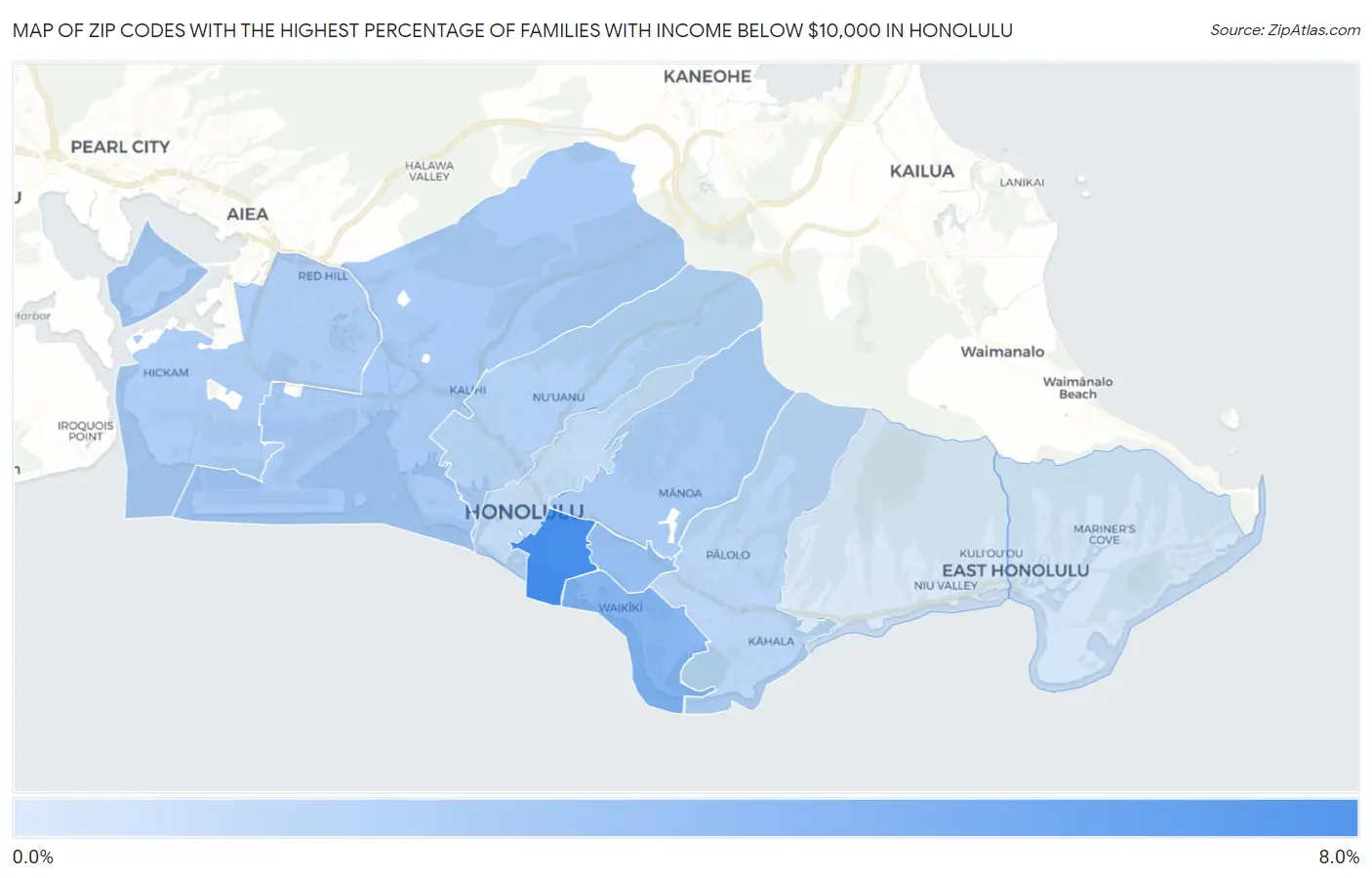 Zip Codes with the Highest Percentage of Families with Income Below $10,000 in Honolulu Map