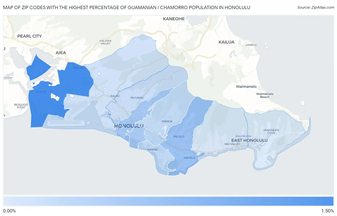Zip Codes with the Highest Percentage of Guamanian / Chamorro Population in Honolulu Map