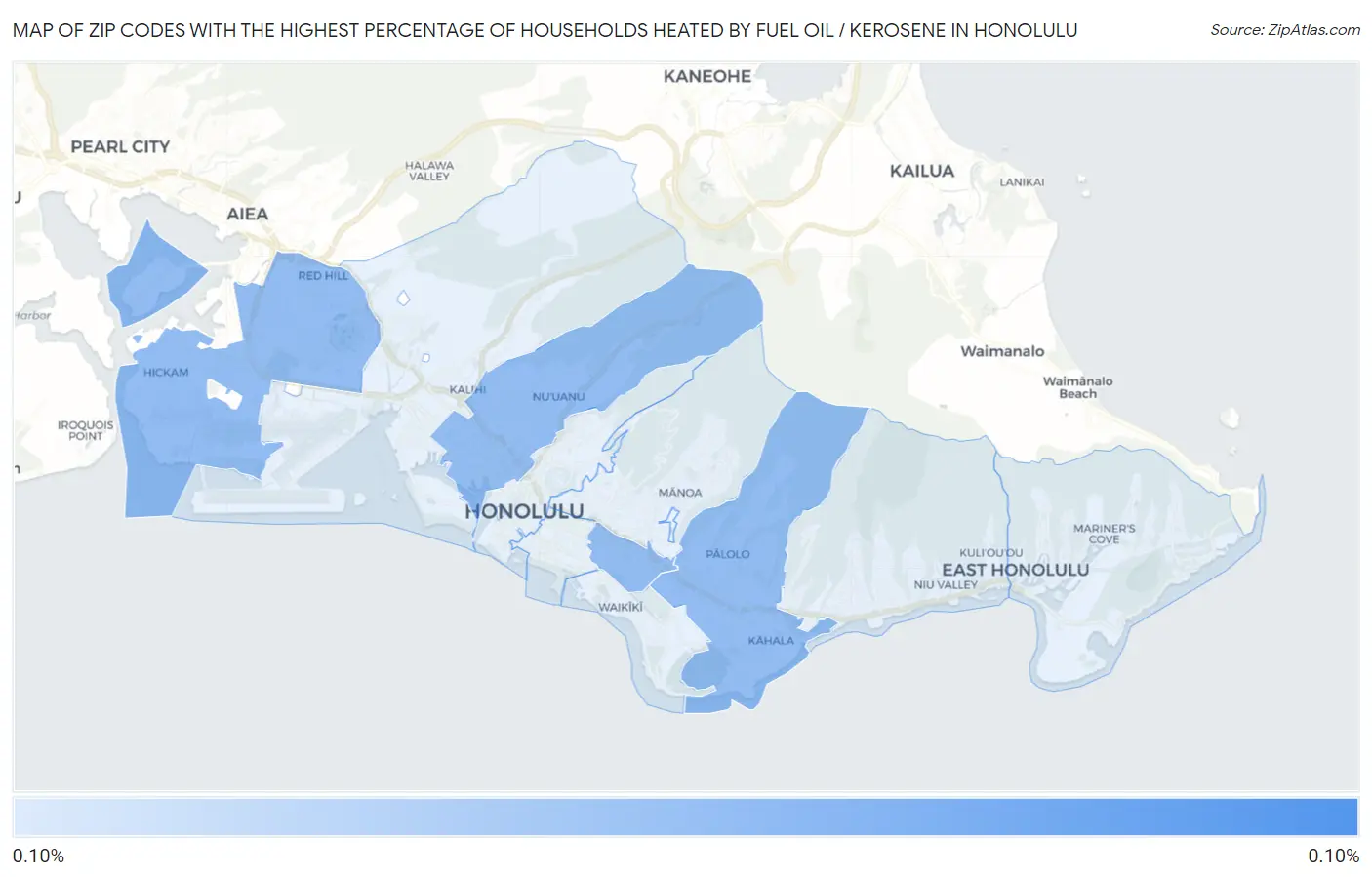 Zip Codes with the Highest Percentage of Households Heated by Fuel Oil / Kerosene in Honolulu Map