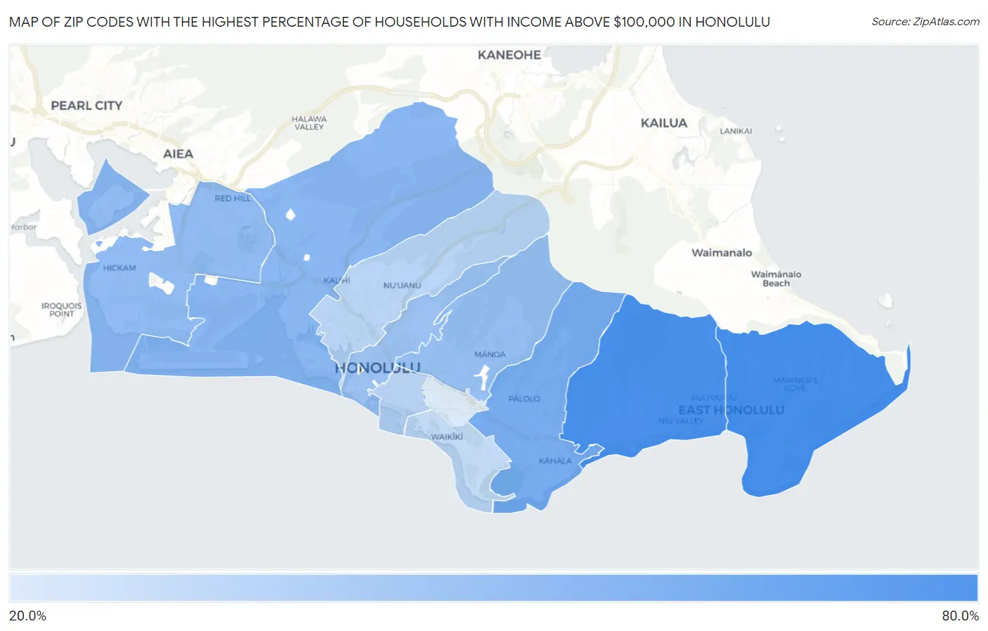 Zip Codes with the Highest Percentage of Households with Income Above $100,000 in Honolulu Map
