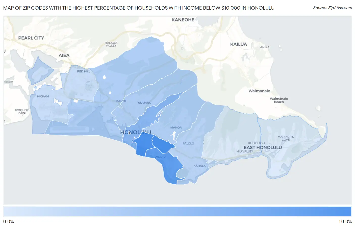 Zip Codes with the Highest Percentage of Households with Income Below $10,000 in Honolulu Map