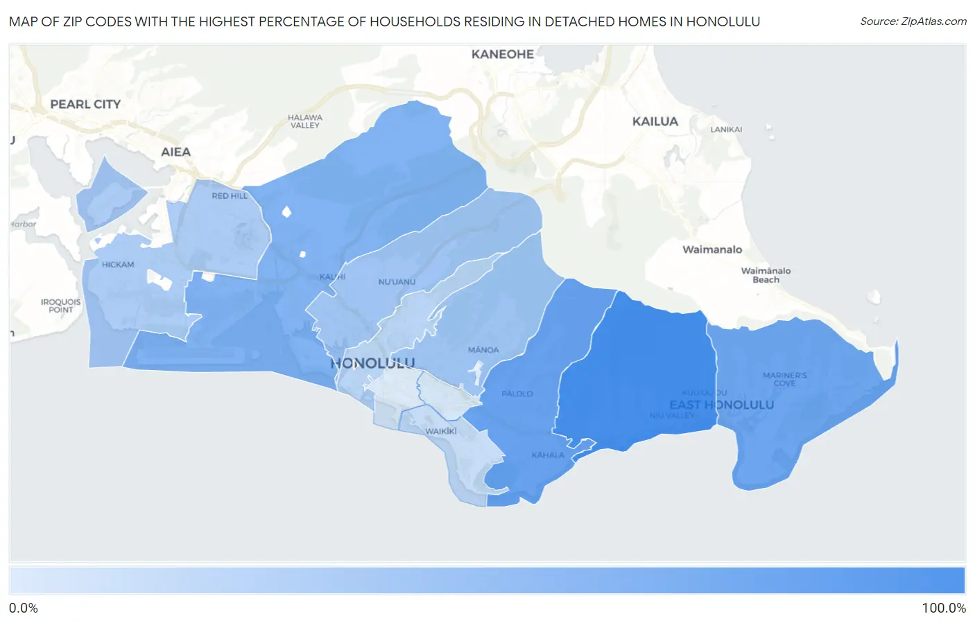 Zip Codes with the Highest Percentage of Households Residing in Detached Homes in Honolulu Map