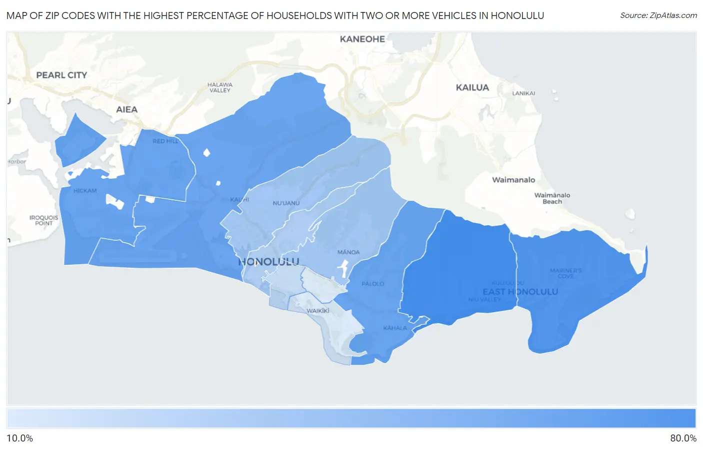 Zip Codes with the Highest Percentage of Households With Two or more Vehicles in Honolulu Map