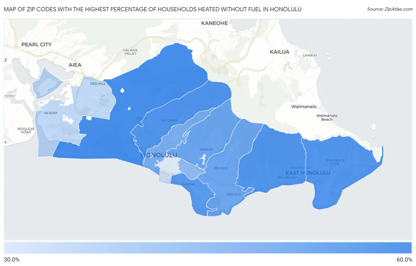 Zip Codes with the Highest Percentage of Households Heated without Fuel in Honolulu Map