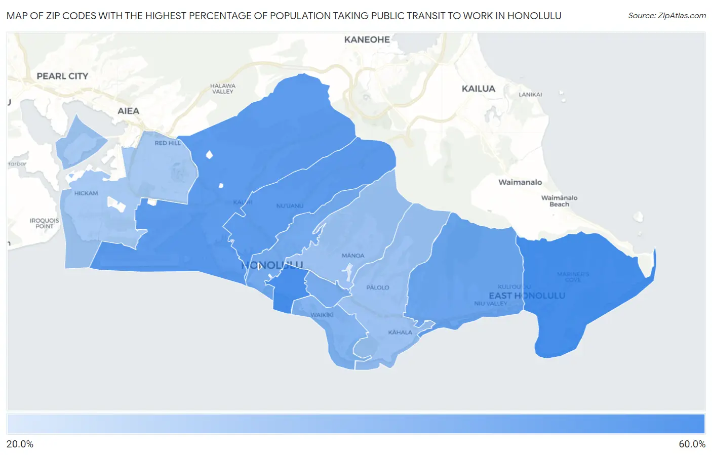 Zip Codes with the Highest Percentage of Population Taking Public Transit to Work in Honolulu Map