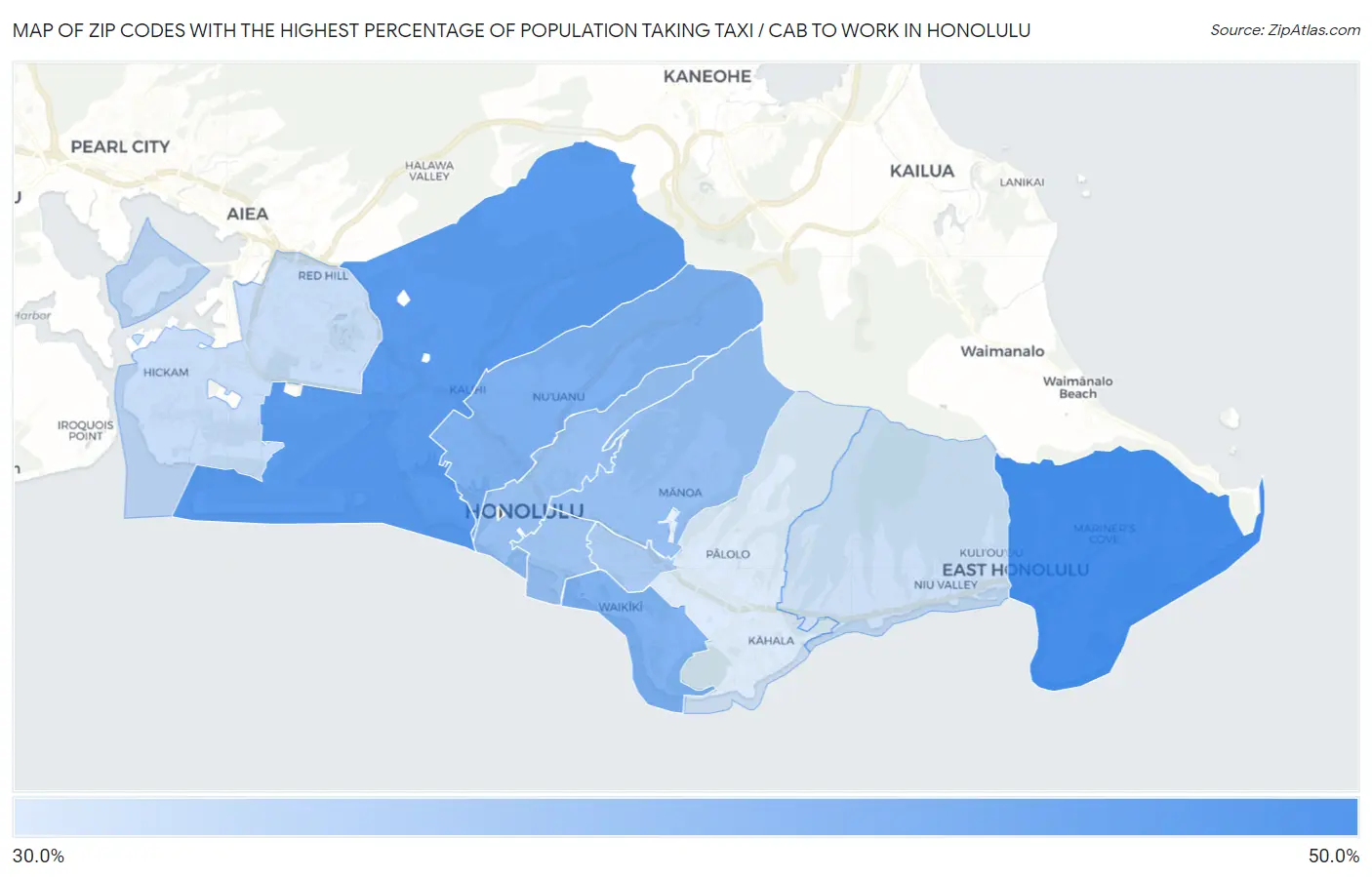 Zip Codes with the Highest Percentage of Population Taking Taxi / Cab to Work in Honolulu Map