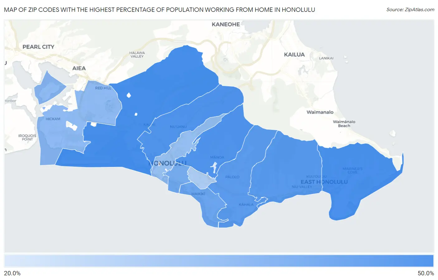 Zip Codes with the Highest Percentage of Population Working from Home in Honolulu Map